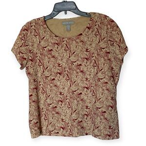 Kate Hill Red and Tan Short Sleeve Pullover Lace Overlay Shirt  Blouse- Size XL